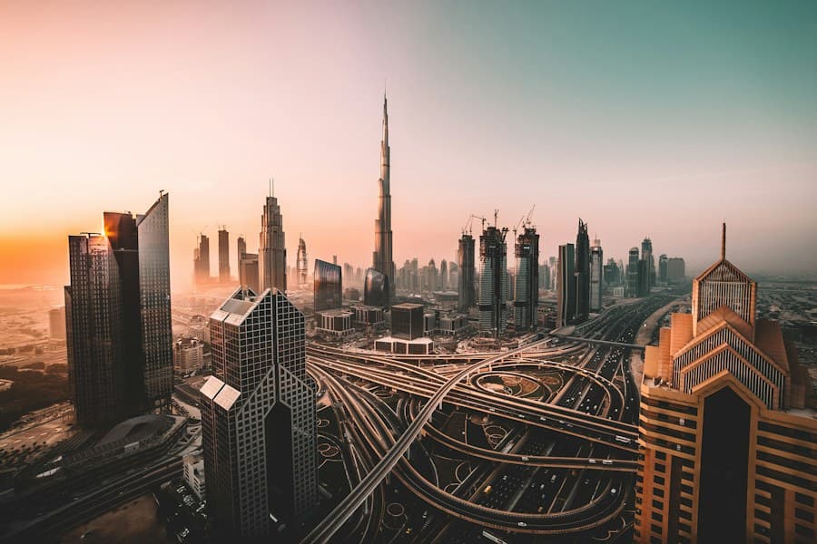 City skyline glowing in the late afternoon